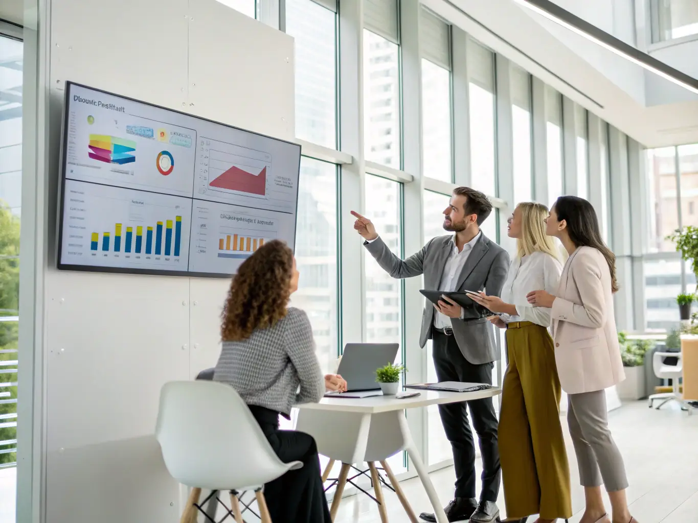 A team of sales professionals collaborating around a large interactive display, reviewing AI-generated sales forecasts and strategizing on how to optimize their sales approach for maximum impact.