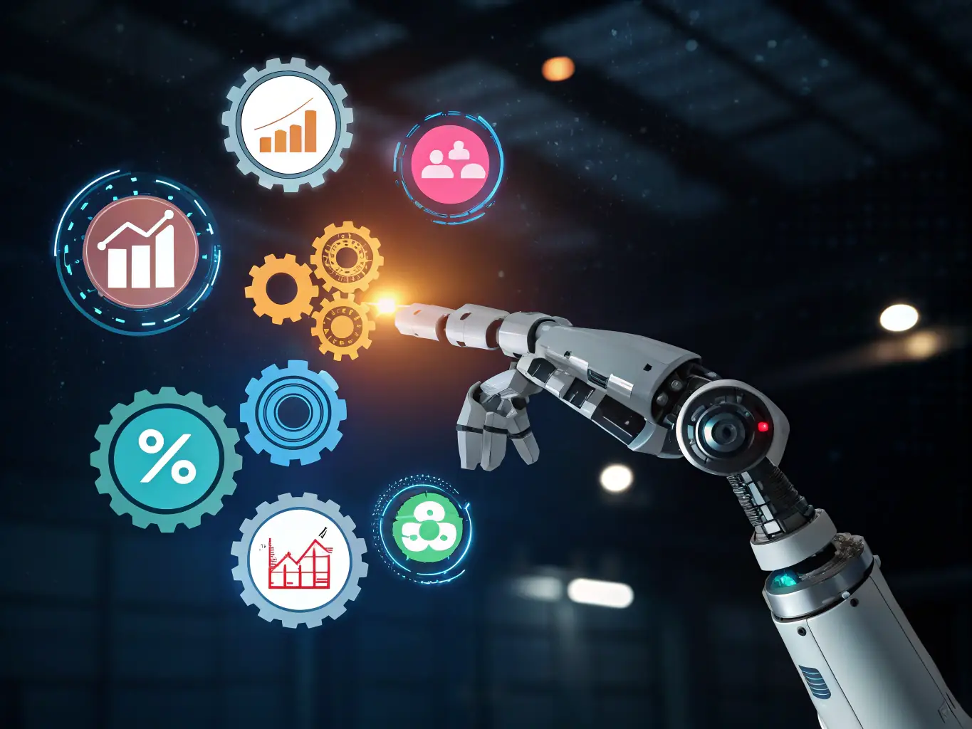 A digital illustration depicting an AI robot arm reaching out to connect with various customer profiles, symbolizing automated prospecting.