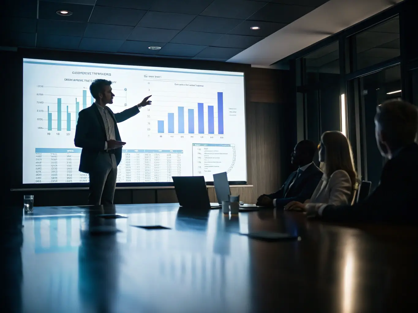 A business executive confidently presenting a sales growth strategy powered by AI, using a holographic display to illustrate the potential for increased revenue and market share.