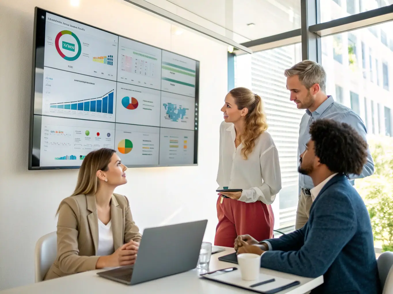 A diverse team collaborating around a digital dashboard, analyzing sales metrics and campaign performance data in a modern office setting, symbolizing data-driven decision-making and teamwork.