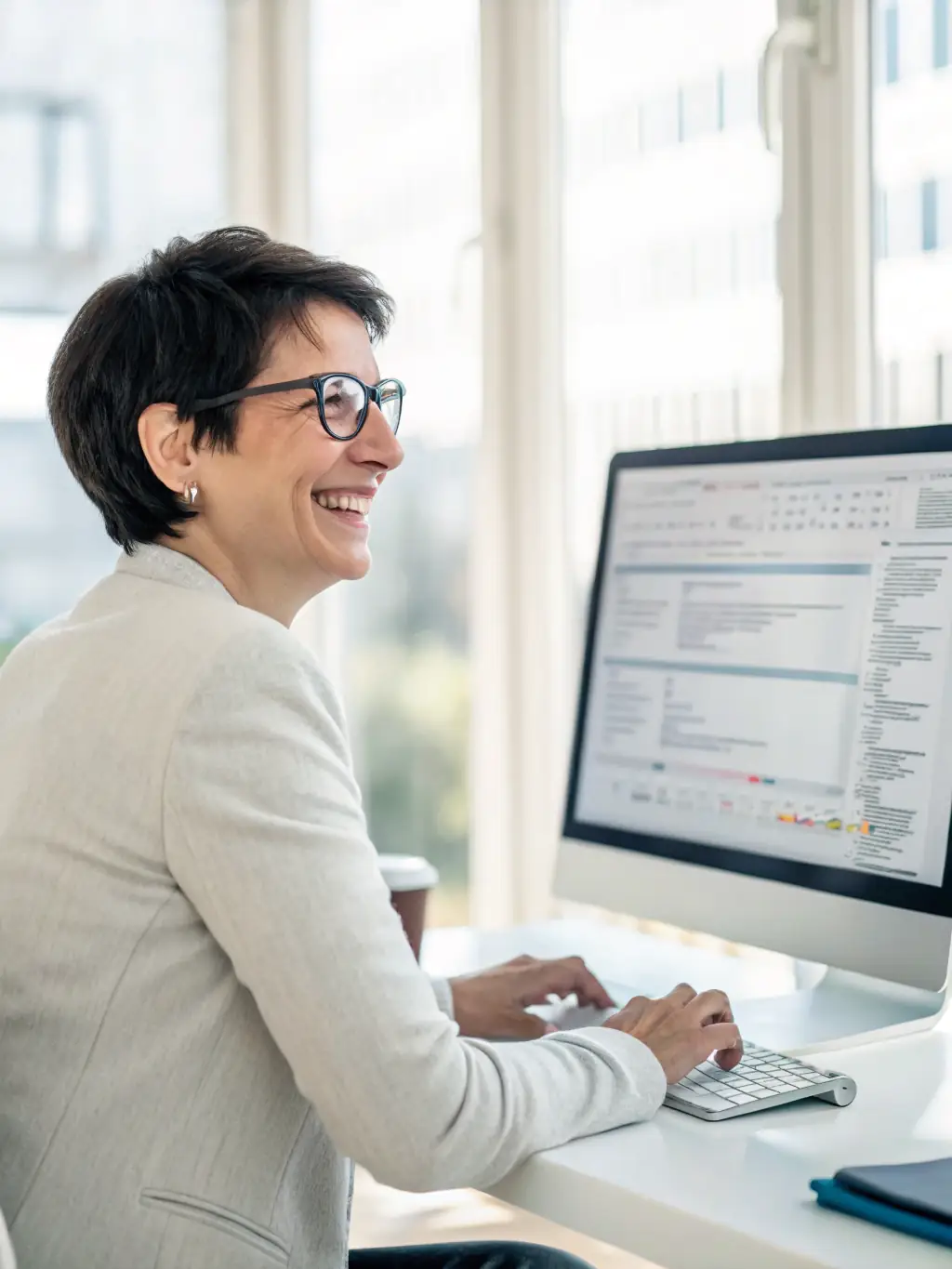 A professional headshot of a sales representative using AI-powered prospecting tools on a laptop, smiling confidently, with a modern office background.