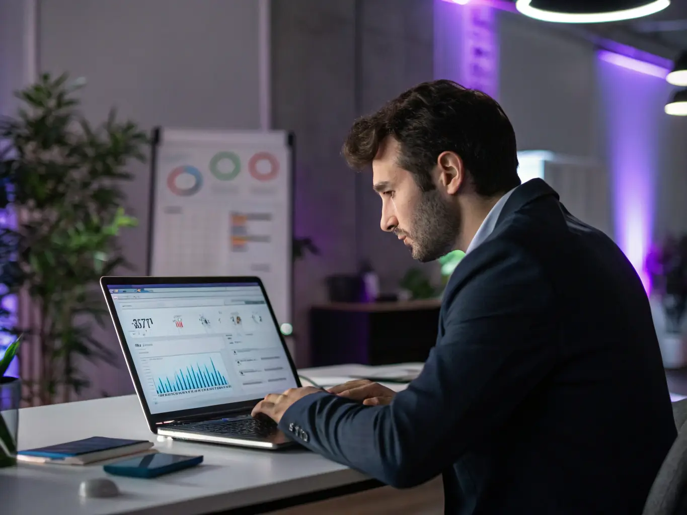 A sales representative using AI-powered tools on a laptop, showcasing automated lead generation and personalized customer engagement, set against a backdrop of increasing sales charts.